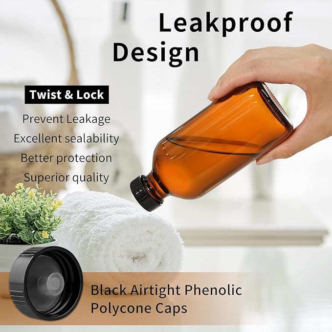 24 Pack 8oz Amber Glass Boston Round Bottles with Phenolic Polycone Caps – Airtight, Leak-Proof Brown Glass Containers for Kombucha Brewing, Storing Condiments, Essential Oils, and Homemade Solutions