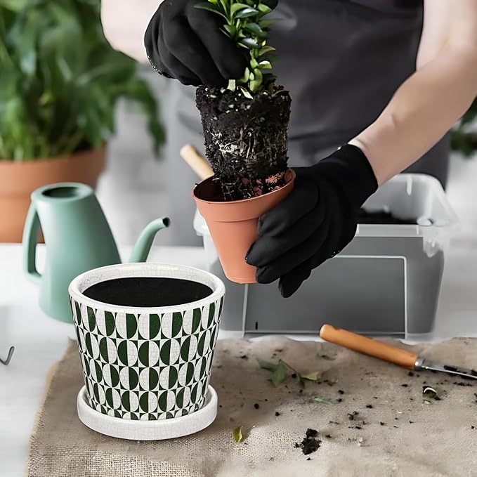 5.5 Inch Ceramic Plant Pot, Ice Crack Plant Pots with Drainage Hole and Saucer, Vintage Flowers Pot for Plants Indoor Outdoor Home Patio Office Decor (Green)