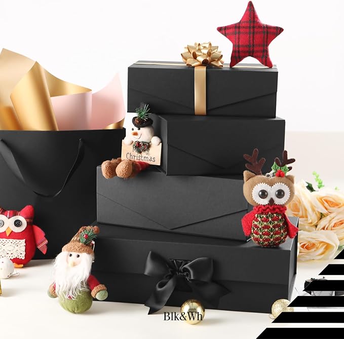BLK&WH 6 Gift Boxes 9.5x5.5x2.9 Inches, Black Groomsman Collapsible Magnetic Gift Boxes with Lids (Matte Black)