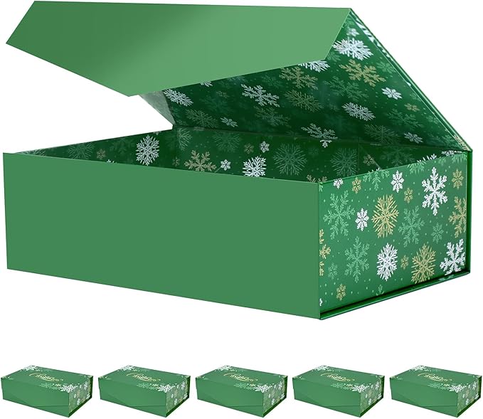 BLK&WH 6 Christmas Gift Boxes 13.5x9x4.1 Inches, Green Large Collapsible Gift Boxes with Magnetic Lids (Green, Snowflake)