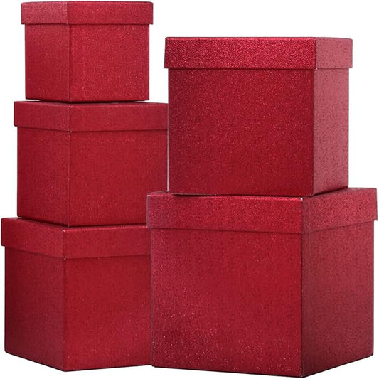 UNIQOOO 5Pcs Red Glitter Xmas Gift Box Set with Lid, Assorted Size, Square Nested Wedding Keepsake Boxes, Holiday Paper Box Tower For Birthday Party, Mother's Day Gift Wrap Packaging