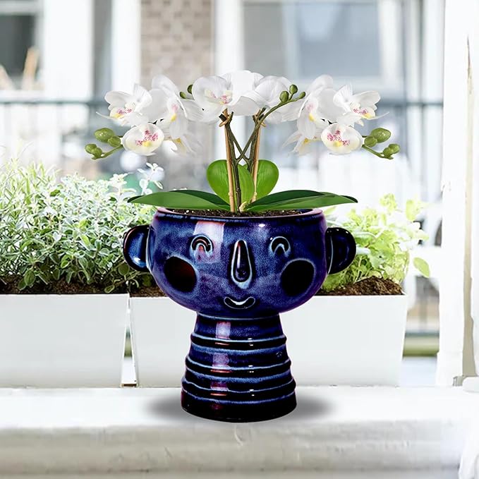 Planter, Ceramic Cute Face Flower Pot Head, Indoor Outdoor, Drainage Hole, 7x5x6 inches, Light Blue