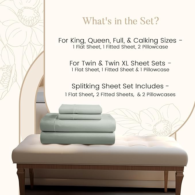 King Bed Sheets Deep Pocket King Sheet Set, 800 Thread Count Long Staple Fully Elasticated Egyptian Cotton Sheet & Pillowcase sets, Machine Wash No Pill Naturally Breathable Cotton Bedding- Mineral