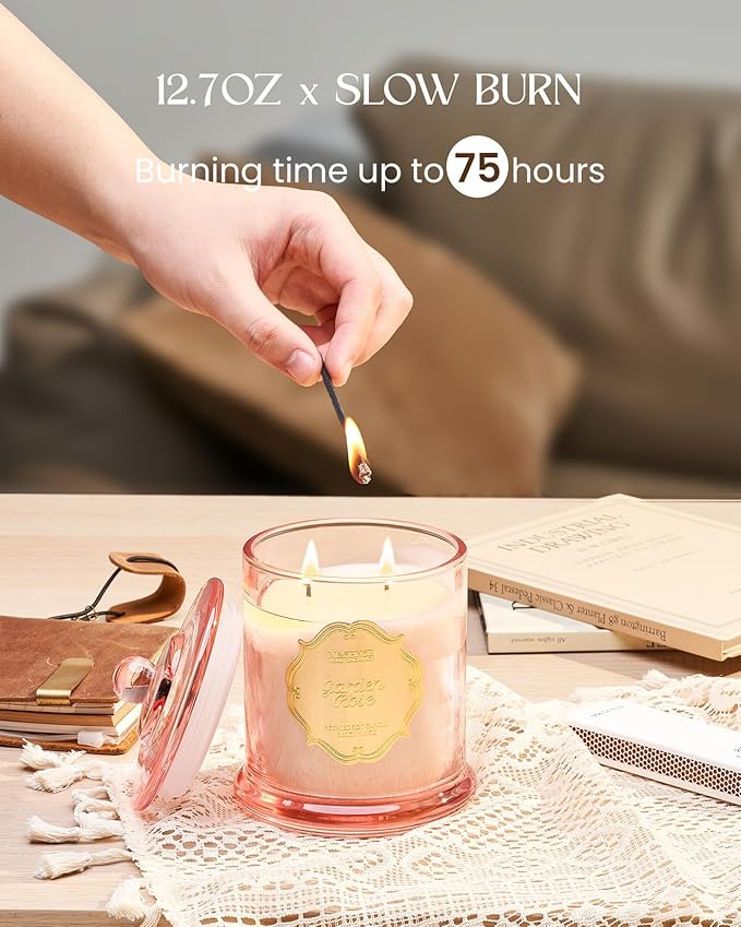 M&SENSE Rose Candles for Home Scented, Organic Soy Candles Non Toxic Soot-Free, 12.7oz Large Jar Candle 75 Hour Long Lasting Burning, Relaxing Aromatherapy Valentine's Day Gift for Women