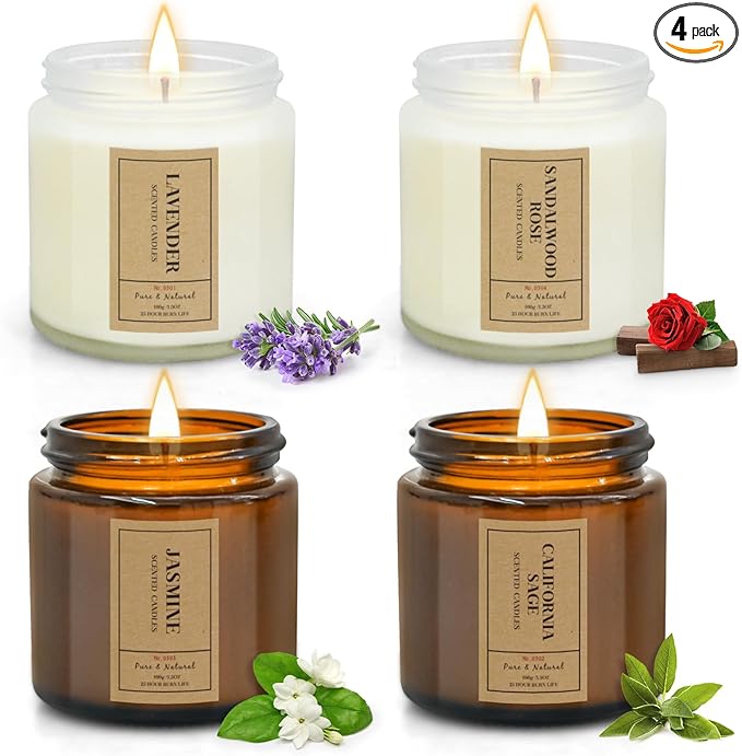 Christmas Candle Gift Set for Home – 4 Pack Scented Soy Wax Candles, Lavender, Jasmine, Sandalwood & Sage – Long Lasting Aromatherapy Candles for Relaxing, Gifts for Women, Mom & Holiday Home Decor