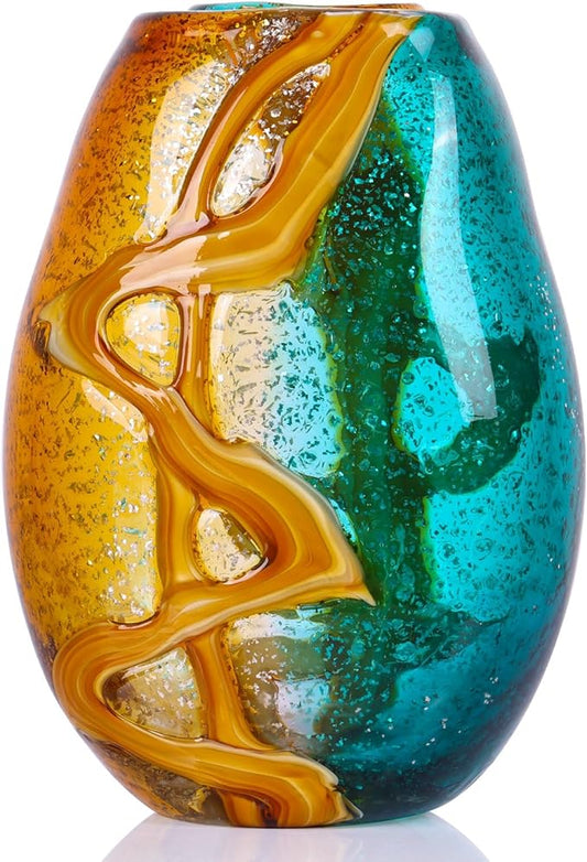9" Tall Handcrafted Glass Vase with Amber and Turquoise Colors - Artistic Decorative Flower Vase for Home Decor, Modern Art Piece for Living Room, Dining Table, Kitchen, Office, Desk, Bedroom Decor
