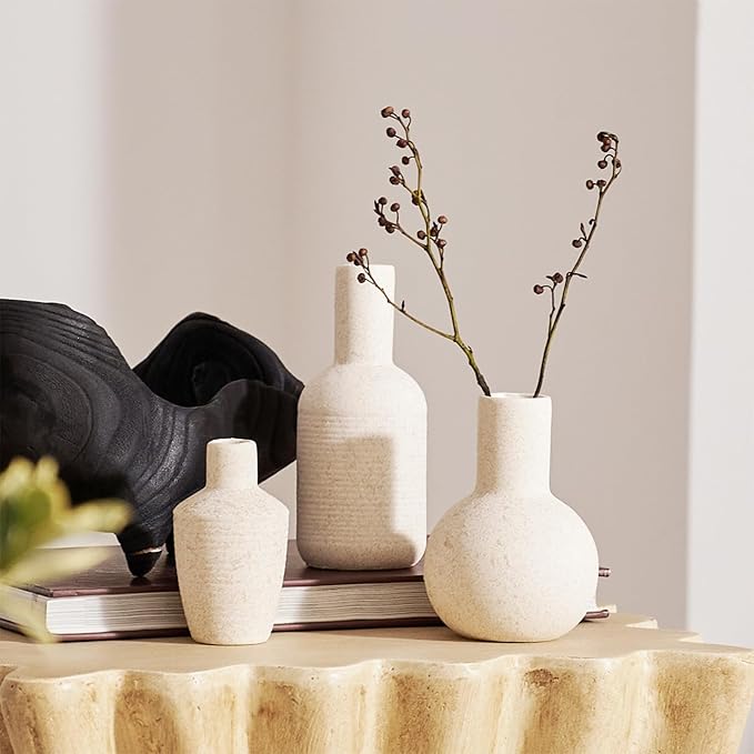 DN DECONATION Ceramic Vase Set of 3, Small Vases Home Decor Boho Rustic Farmhouse for Pampas Grass & Dried Fresh Flowers, Modern Decorative Vases for Living Room, Bedroom, Entryway, Shelf, Table Decor