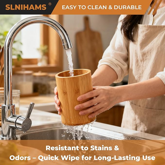 Bamboo Utensil Holder, 7.3"+5.4" Set of 2 Utensil Holders for Kitchen Counter, Bamboo Spoon and Chopstick Organizer, Flatware, Spatula & Silverware Storage Containers, for Countertop & Pantry