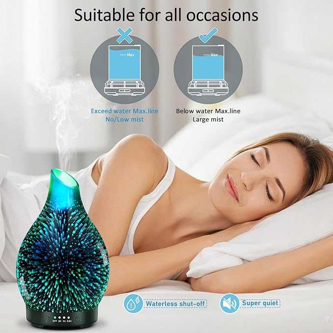 Essential Oil Diffuser 120ML -3D Firework Glass Aromatherapy Diffusers for Essential Oils with 4 Timer Setting Waterless Auto Shut-Off Silent Operation 7 Colors Lights Changing for Room, Office, Yoga