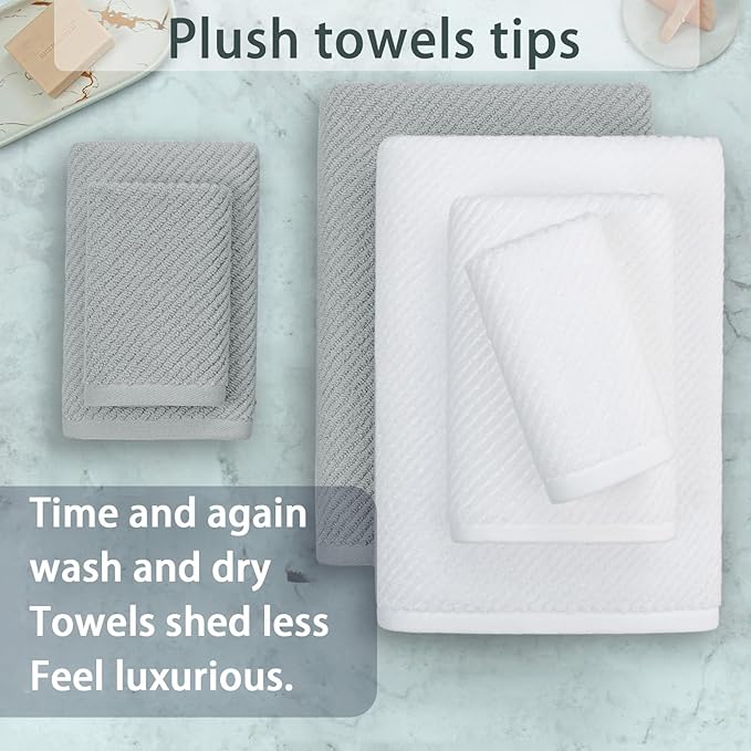 VOOVA & MOVAS Bathroom Towel Set - 100% Cotton | Soft | Quick Dry, Towel Set of 6, 2 Large Bath Towels 30"x56", 2 Hand Towels 18"x28", 2 Washcloths 13"x13", Bathroom Essentials, Grey and White