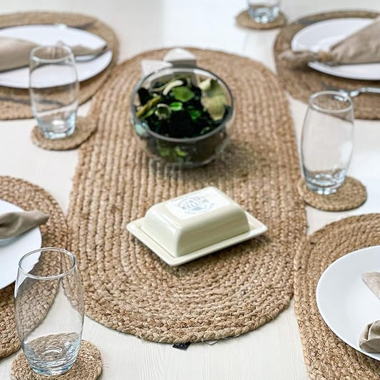 CRAFT TRADE Jute Braided Table Runner for Wedding Parties Farmhouse Rustic Vintage Dining Woven Handmade Sisal Weeker Natural Dining Runner - 13x60 Inch, Oval