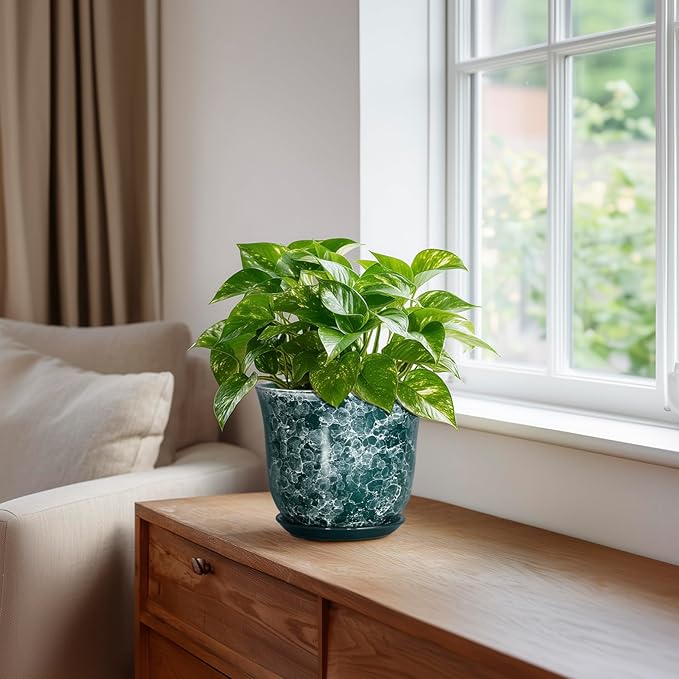 Ceramic Pots for Plants - 5.6 Inch Planter for Indoor Outdoor, Small Flower Pot with Drainage Hole and Saucer, Round Modern Succulent Planters, Home Room Desk Decor, Women Gifts, Green