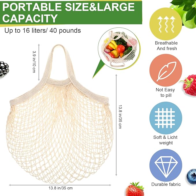 Paterr 50 Pack Cotton Mesh Produce Bags Bulk Reusable Market Bag Washable Net Grocery Purse String Shopping Tote Beach Organizer for Vegetable Fruit Picnic Food Storage (Short Handle,Beige)
