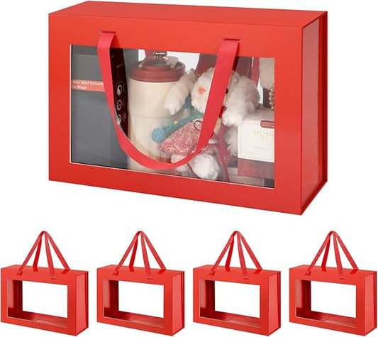 JINGUAN Large Red Clear Gift Boxes, 13.5x9x4.1 Inches Gift Boxes with Windows by Handles, Bridesmaid Proposal Boxes, Collapsible Gift Boxes with Magnetic Closure (Glossy Red, 5 Pack)