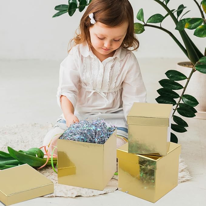 UNIQOOO 5PCS Metallic Gold Nesting Gift Boxes Set, Square Cardboard Storage Organizer Keepsake Box with Lid Durable Reusable, for Gift Wrapping Holiday Presents Christmas Birthday, Assorted Size