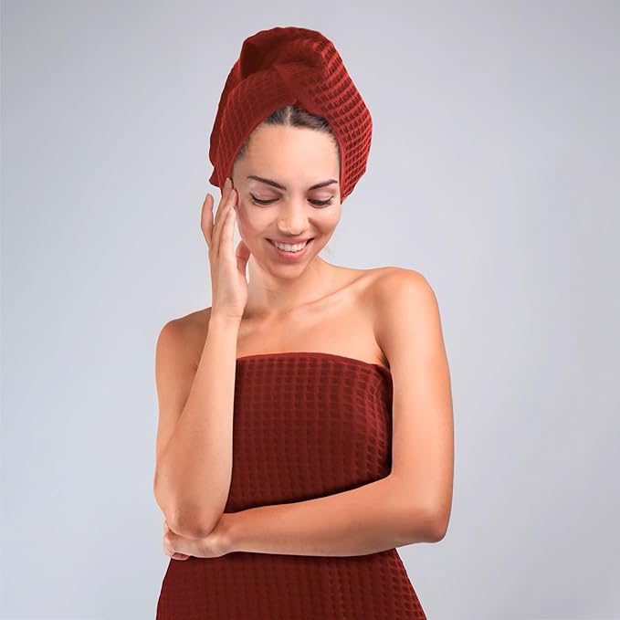 PÜSKÜL Premium Waffle Bath Towels Set of 2 - Organic 100% Turkish Cotton Bath Towel - Quick Dry, Absorbent, Light, Thin, 32x63 Large Waffle Towels for Bathroom (Red Brick Bath Towels - Pack of 2)