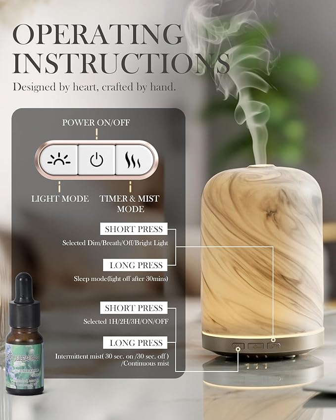 Essential Oil Diffuser – 2.4MHz Ultrasonic Aromatherapy Diffuser, Health Night Light, Timer & Auto Shut-Off, BPA-Free, 120ml Aroma Diffuser for Home, Office, Spa, Yoga, Hotel