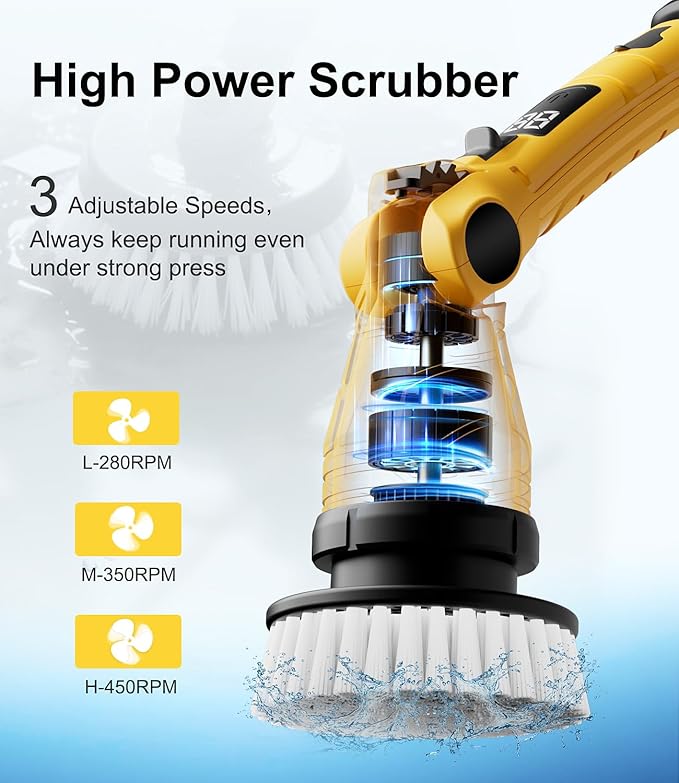 Electric Spin Scrubber with 8 Replaceable Brush Heads 6 Adjustable Angle Waterproof LED Display Cordless Cleaning Brush Supplies Bathroom Cleaner Set Long Handle Power Scrubber for Shower Floor Tub