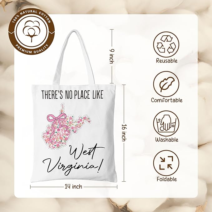 Floral West Virginia Map Bow Canvas Tote Bag for Books, Travel & Daily Use, Magnetic Buckle, 16x14 Inch(003)