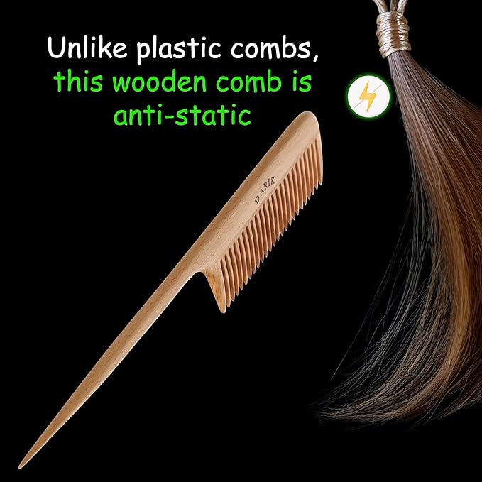 Wide Tooth Wooden Comb Handmade - Natural Vintage Style Wide Tooth Comb for Curls Gentle Styling - Anti-Static Wood Hair Combs For Women Detangling (Fine Tooth Tail Comb)