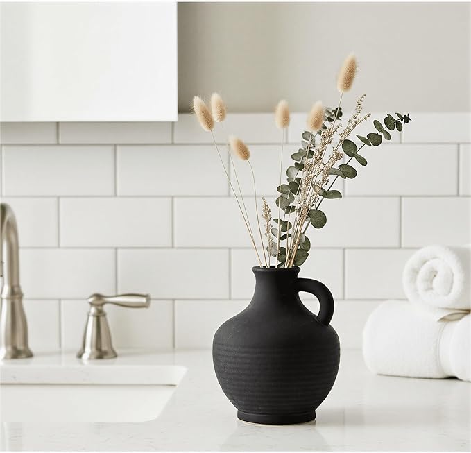 6-Inch Black Ceramic Flower Vase with Handles, Rustic Farmhouse Boho Pottery Centerpiece for Table, Living Room, Shelf & Mantel