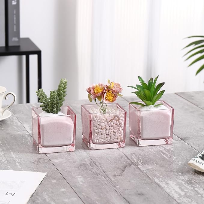 Square Flower Vases Set of 9, 3"x 3"x 3" Glass Vases for Centerpieces, Pink Vase for Flowers, Small Vase for Wedding, Party, Home Office Decoration