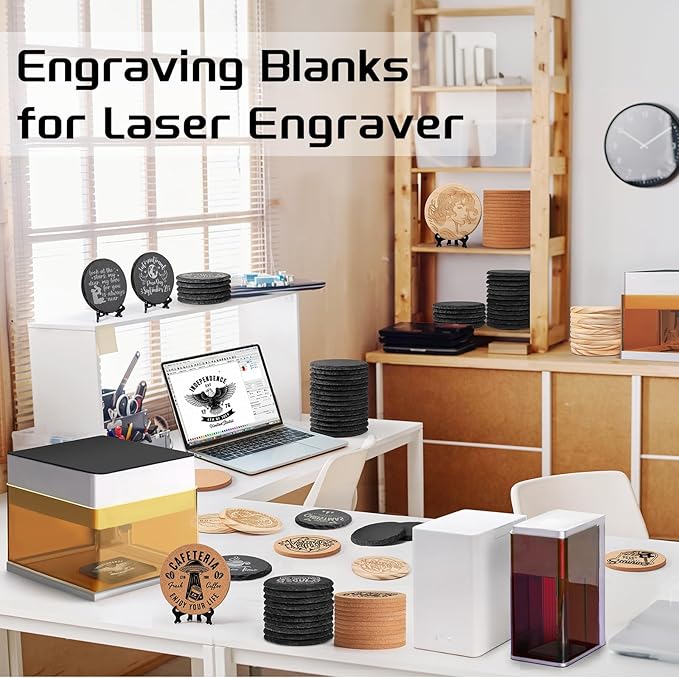 90 PCS Round Blank Coasters Bulk for Laser Engraving, MAPRIAL 4 Inch 100% Natural Black Slate Stone, Wood, Cork, Engravable Materials for Engraver, Gifts, Crafts