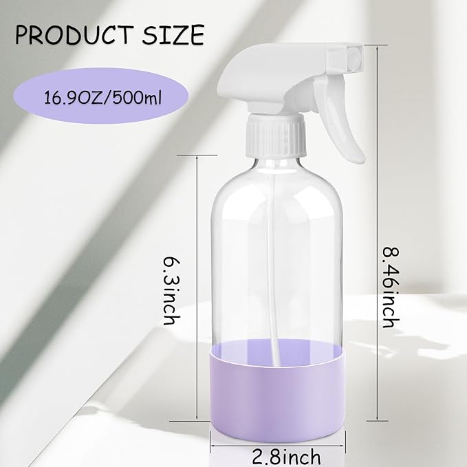 UUJOLY Plastic Spray Bottle Trigger Empty Spray Bottles Clear Refillable Container for Water, Essential Oils, Hair, Cleaning Products, Adjustable Head Sprayer and Stream, Purle + Dark Grey