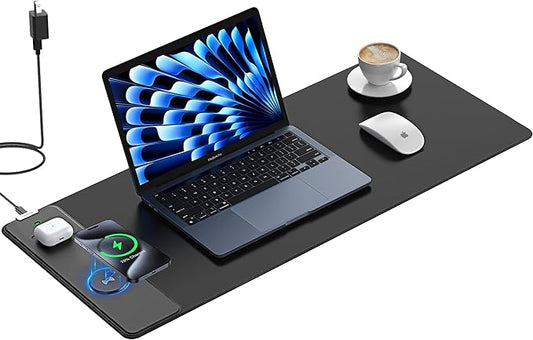 TopMade Mouse Pad with 15W Fast Wireless Charging, 31.5"x11.81" XL Large Gaming Mousepad, Waterproof Desk Pad, Classic Black Computer Desk Mat(Includes 20W PD Power Adapter & 6.56ft Woven Cable)