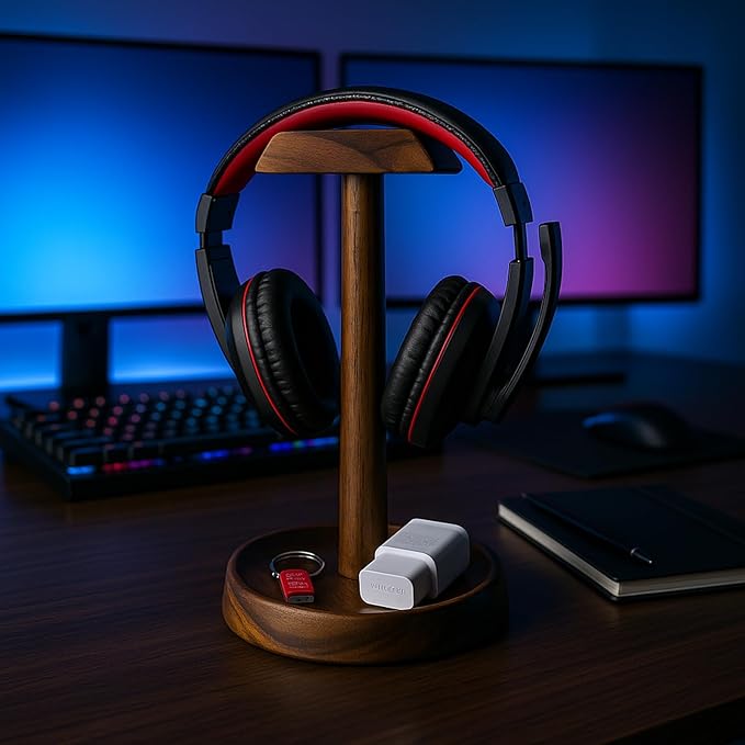 Wooden Headphone Stand with Tray – Solid Acacia Headset Holder for Desk Organization, Universal Fit for Sony, Bose, Beats, Gaming Headsets & Controllers