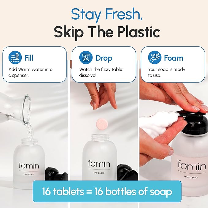 FOMIN Foaming Hand Soap Refills (16 Pack) - Fragrance-Free Foaming Hand Soap Tablets - Skin Friendly Foam Soap Refill for Hand Wash - Makes 128 fl oz (16 x 8 fl oz)
