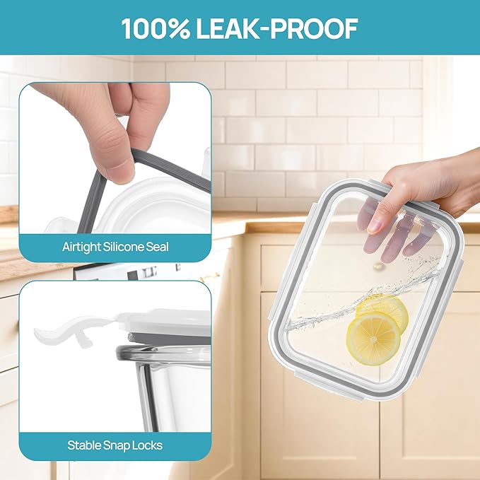 Vtopmart 2Pack 1500ml/50.7oz Large Glass Storage Containers with Lids, Meal Prep Food Container Set with Snap Airtight Lid for Baking, Microwave, Oven, Leak Proof, for Freezer, Dishwasher, Grey