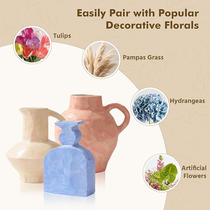 Ceramic Vase, Small Blue Vases Home Decor,Fall Décor Modern Farmhouse Vases for Home Decor, Organic Decor Accents for Living Room, Shelf, Table, Entryway