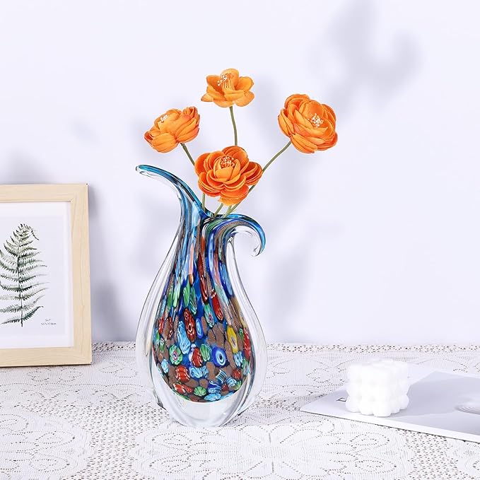 Hand Blown Glass Vase for Centerpiece, Murano Style Table Decoration, Blue Blown Art Glass Ellipse Flower Vase, Single Stem Beautiful Decor for Home, Beachy Room Decor for Home Shelf