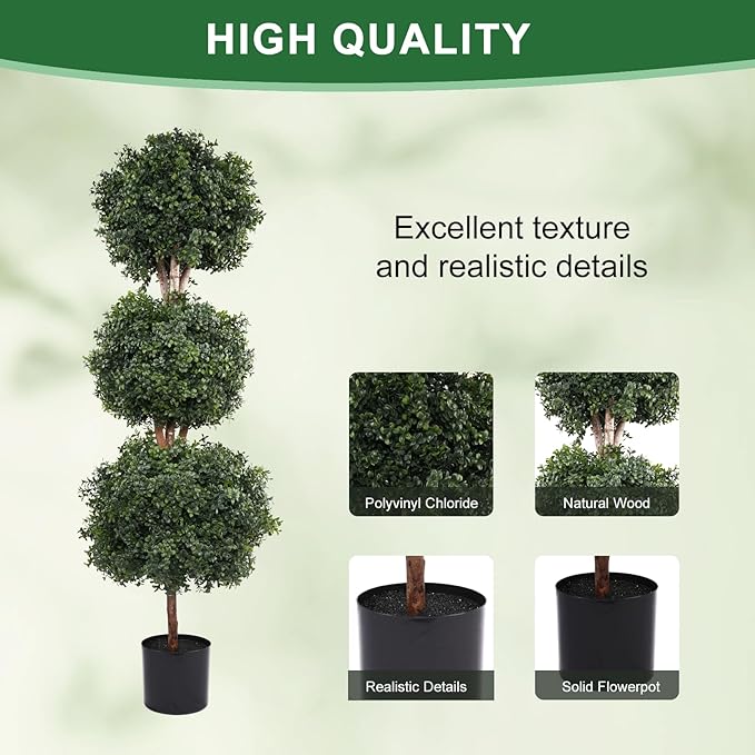 Artificial Topiaries Ball Tree Outdoor, 4.8ft Fake Topiary Triple Ball Boxwood Trees(2 Pieces), Faux Shrubs Plants Potted Artificial Tree Green Decorative Indoor Porch or Garden 57inch