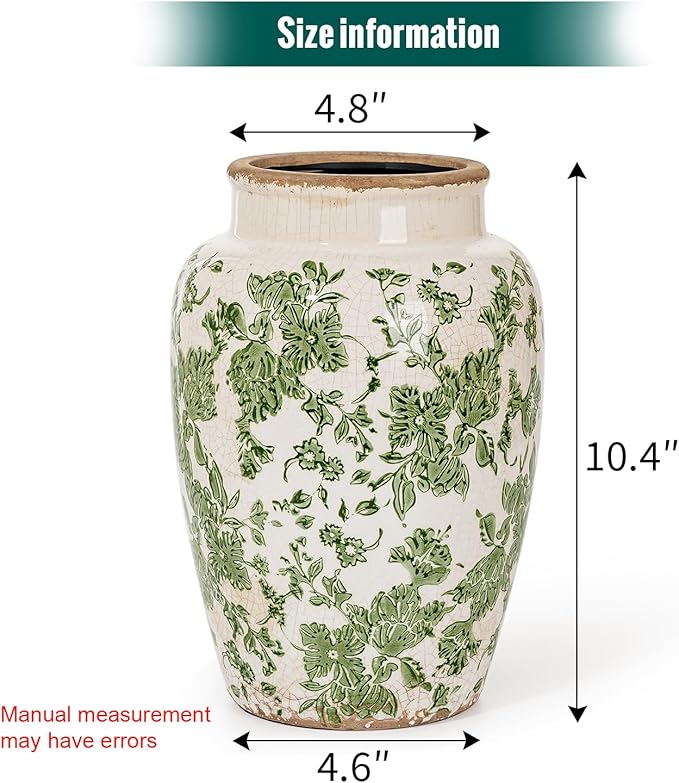Sungmor Ceramic Flower Vase, Vintage Ice Cracked Glaze Porcelain Vase, Pretty Home Decor Vase for Flower Arrangement, Fresh Flowers, 10.2 Inch Tall Chinoiserie Pottery Vase, Green Floral Pattern