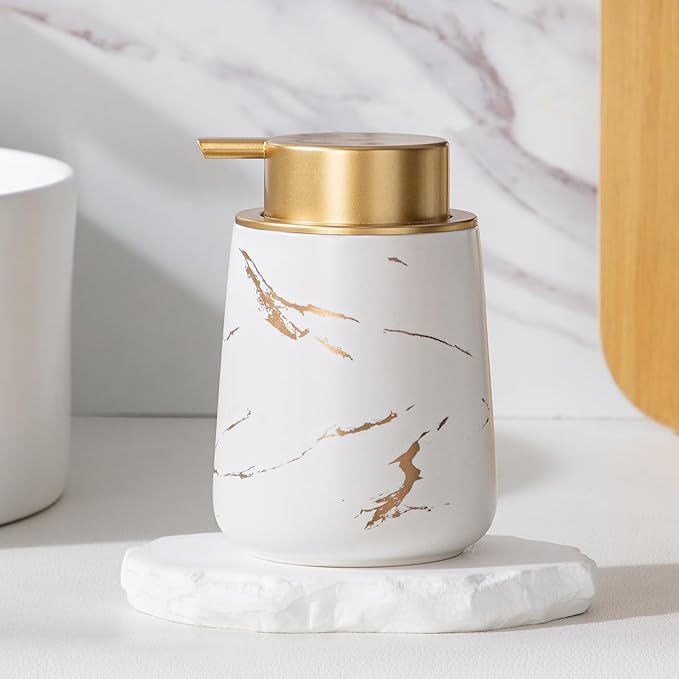 Enra Hand Foaming Gold Soap Dispenser,12 oz Ceramic Foam Soap Dispenser for Bathroom Countertop Kitchen Dispenser for Dish Soap with Easy-to-Press (Glod Foam Type2)