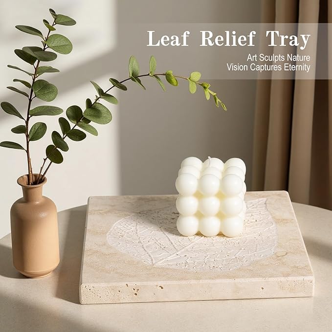 Marble Leaf Embossed Tray, Natural Golden Travertine Vanity Decorative Marble Tray for Bathroom, Jewelry, Kitchen and Desktop, Decorative Stone Pallet for Cosmetics, Perfume and Home Decor