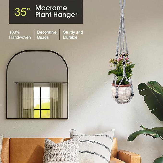 Macrame Plant Hanger for 5 to 10 Inch Plant Pots, Set of 2 Indoor Handmade 35 Inch Woven Rope Hanger Kits with Hooks and Wood Beads, Hanging Planter Basket Holder for Boho Home Decor (Grey, 2 Pack)