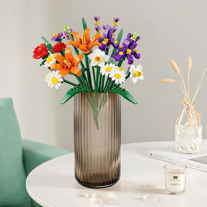 Thick Amber Glass Vase for Flowers, 10 Inch Tall Ribbed Flower Vase for Bouquet, Countertop, Bathroom Vanity, Living Room Decorative Vases for Flowers, Kitchen Shelf, Dining Table, Entryway