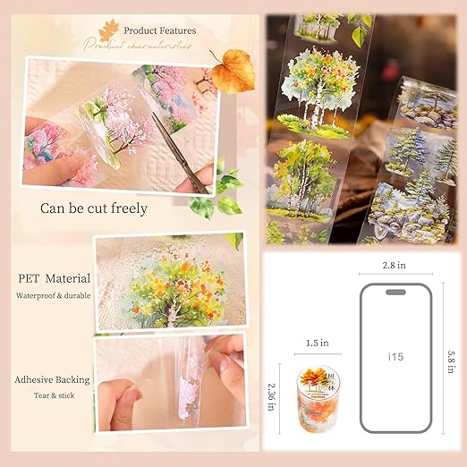 Scrapbook Nature Stickers Set,6 Rolls PET Plant Tape Stickers for Journaling,Forest Washi Tape for Junk Journal Supplies,Scrapbooking,DIY Craft,Photo Frame(Forest)