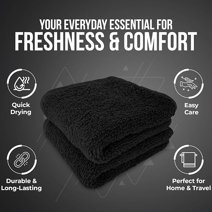 DAN RIVER 100% Cotton Wash Cloths 24 Pack [12x12] Soft & Absorbent wash Cloths for Body, Gym, Hotels & Spa Perfect for Everyday Use Fingertip Towels, Black