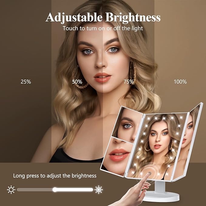 HUONUL Makeup Mirror Vanity with Lights, 2X 3X 10X Magnification, Touch Control, Trifold Mirror, Dual Power Supply, Gifts for Women, Wife, Mom, Teengirls(White)