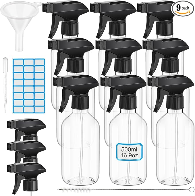 9 Pack 16oz/500ml Plastic Spray Bottle Bulk for Plant Small Spray Bottle Fine Mist Water Sprayer Upgraded Adjustable Nozzle Refillable Empty Containers for Cleaning, Hair, Cooking(Clear)