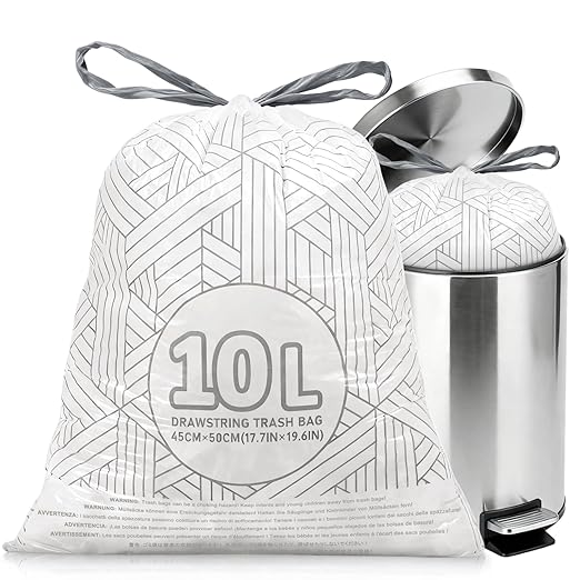 OKKEAI 2.6 Gallon Drawstring Trash Bags, White Small Bathroom Garbage Bags – 90 Count Tear-Free, Heavy Duty Printed Liners, Leak-Proof White Trash Bag for Kitchen, Office, Multipurpose Use