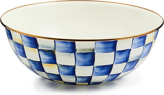 MACKENZIE-CHILDS Enamel Everyday Bowl, Serving Bowl for Entertaining, Extra-Large, Blue-and-White Royal Check, Set of 1