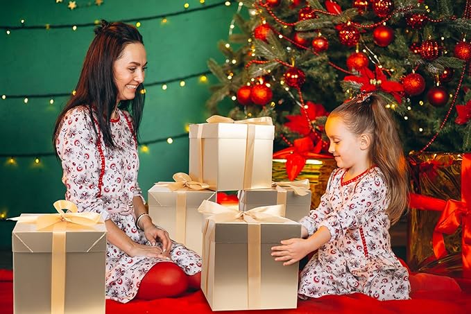 Jaywayang 5 Pack Gold Gift Boxes with Lids, Ribbons and Tissue Papers Square Gift Boxes - 7.1 Inch - Christmas Presents Wrapping Hanukkah Decoration Party Favor Boxes.