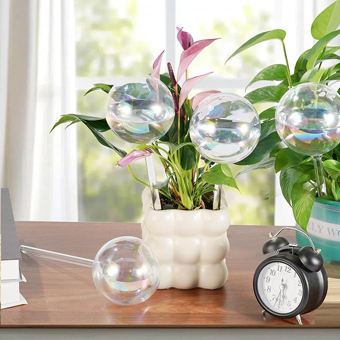 4PCS Extra Large Plant Watering Globes 13 oz Up to 2 Weeks, Light Iridescent Glass Self Water Bulbs for Indoor Outdoor Plants, Vacation Automatic Planter Waterer System Self-Watering Stakes