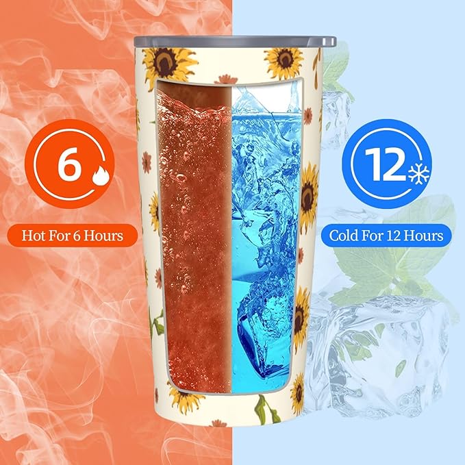 Sunflowers Tumbler,Flowers 20oz Stainless Steel Insulated Travel Tumblers,Travel Coffee Mug with Lid and Straw Water Bottle Drink Tumbler Cups Gifts for Women Men Lovers