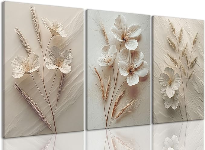 TUEASKY 3 Piece Neutral Floral Canvas Wall Art Beige Flower Wall Art Vintage Botanical Decor Modern Minimalist Prints for Bedroom Living Room Office Home Decoration 12x16in Framed